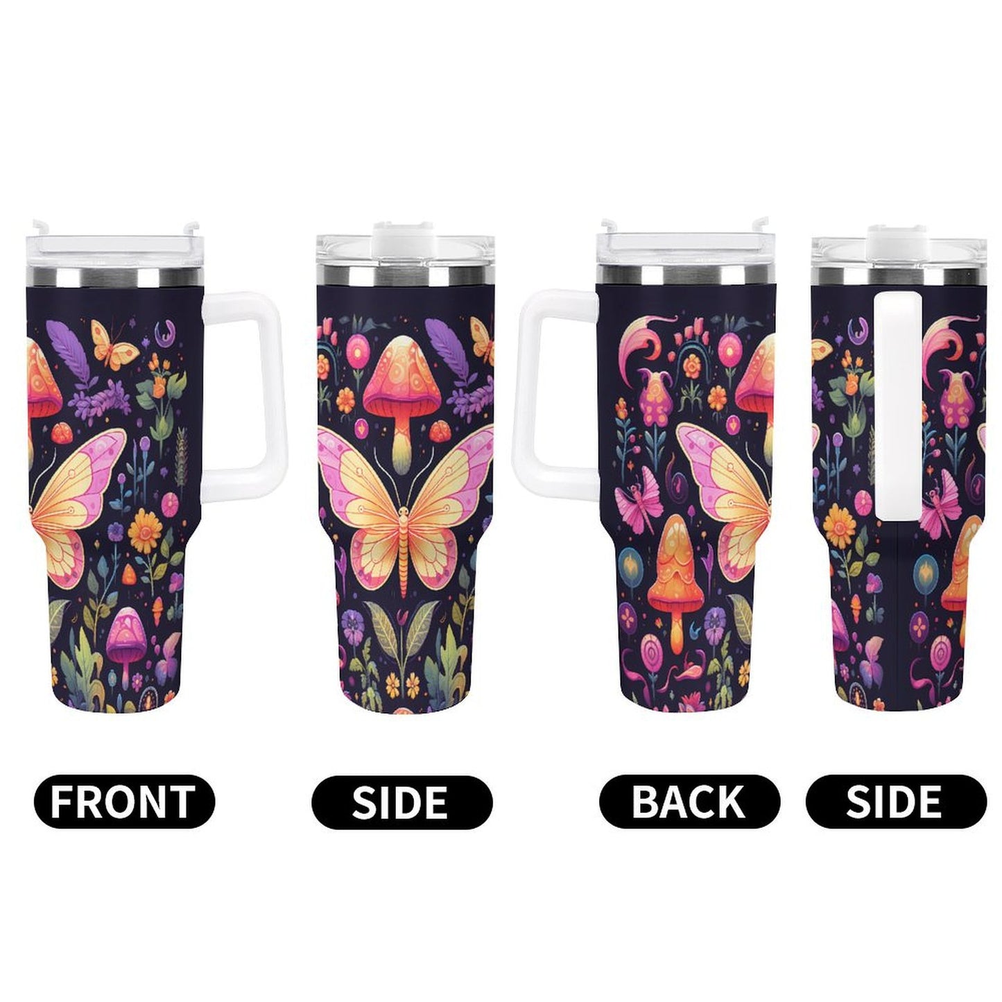PHDT00528 POD US Local Tumbler 40oz Large Capacity Car Cup Butterflies, Mushrooms, Vitality