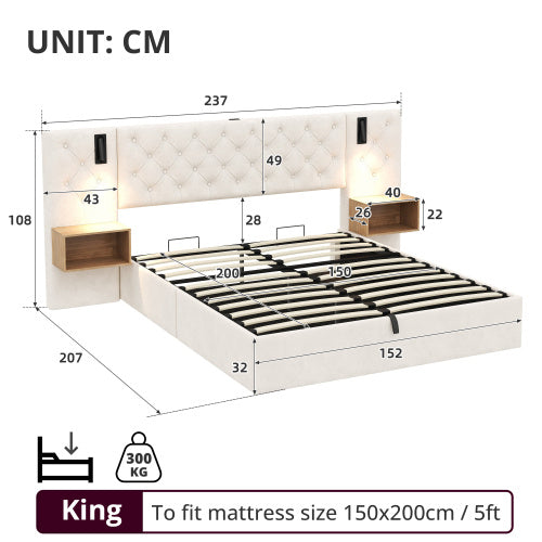 UK Local King Upholstered Bed With Charging Station, Velvet Hydraulic Storage Bed With Reading Light, 5ft King Bed Frame With Handmade Button Tufted Wide Headboard And Bedside Storage, Beige