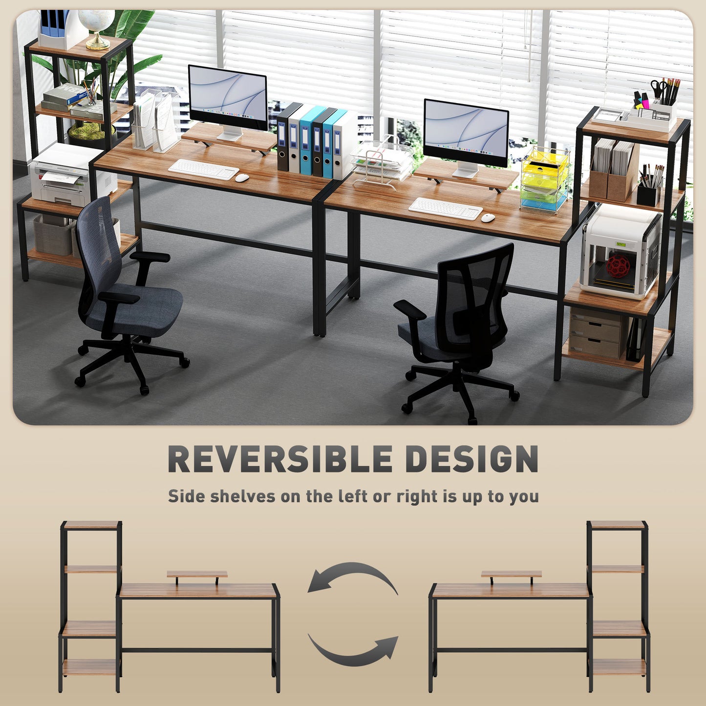 US Local Computer Desk, 67 CPU Desk With Monitor Stand, Reversible 4-Tier Shelf, Industrial Writing Desk For Study Room, Brown