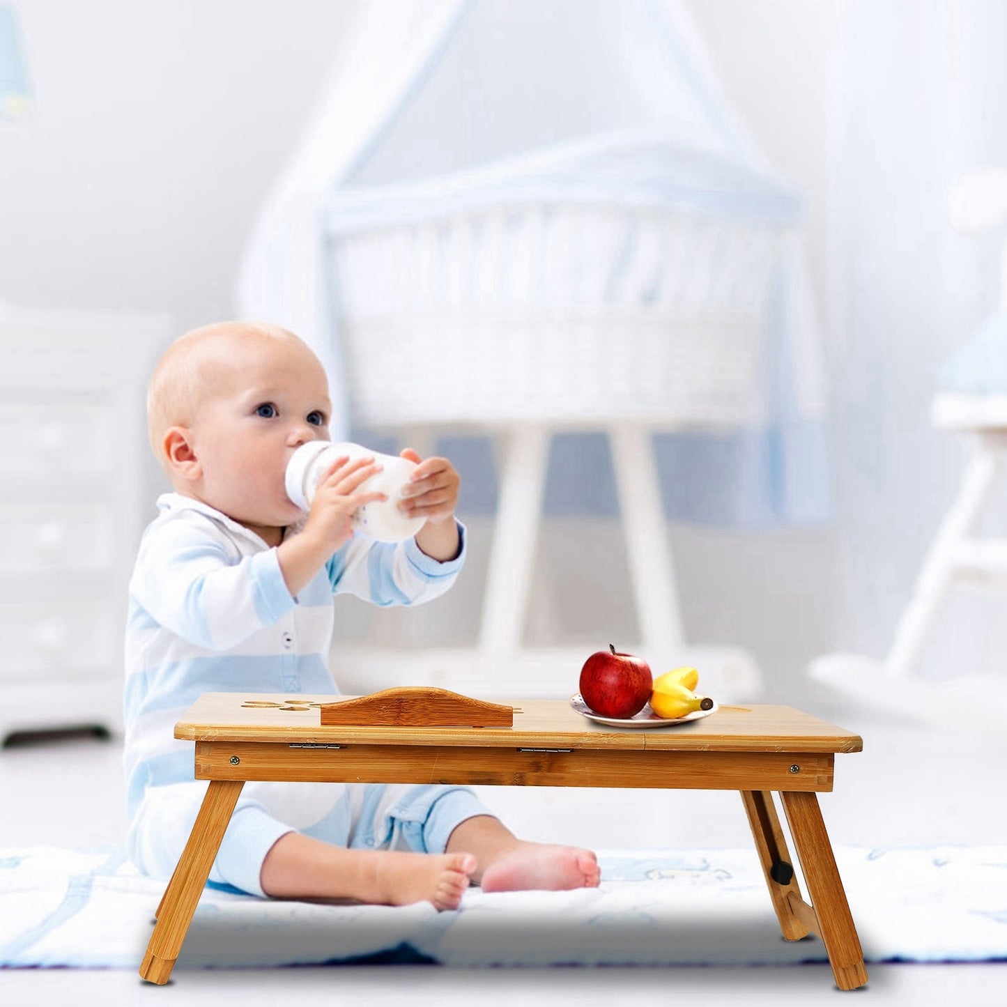 US Local 1Pc Bamboo Laptop Desk Breakfast Serving Bed Tray Foldable Leg Multi-Position Adjustable Tilt Surface Bed Lap Tray With Side Storage Drawer For Work Study Reading