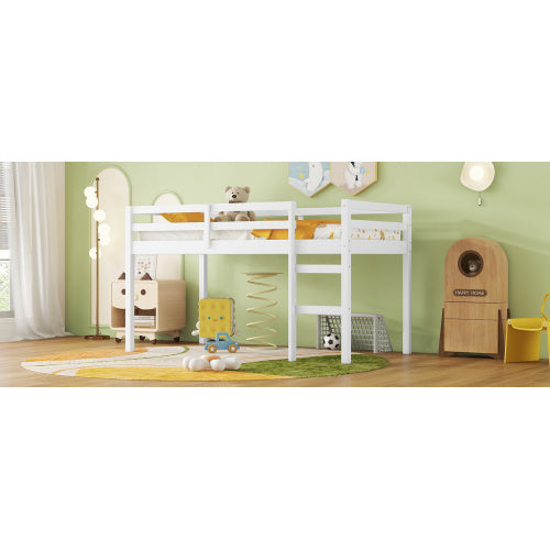 US Local Solid Wooden, Rubber Wooden Twin Loft Bed With Ladder, Bed Platform Of Strengthened Slats , White
