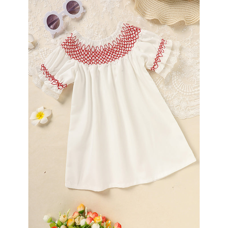 US Local Infant Baby Girl Valentines Day Dress Lace Short Sleeve Round Neck White With Red Embroidery Party Dress