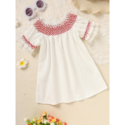 US Local Infant Baby Girl Valentines Day Dress Lace Short Sleeve Round Neck White With Red Embroidery Party Dress