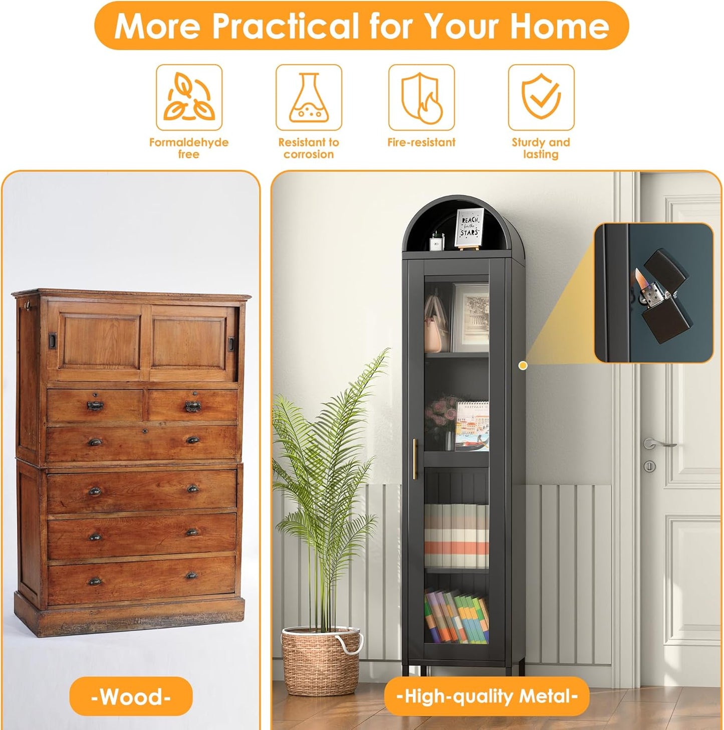 US Local 73 In Tall Metal Arched Cabinet, Kitchen Pantry Cabinet With Glass Door, Modern Farmhouse Arched Bookcase With 3 Adjustable Shelves For Dining Room And Living Room, Black, Assembly Required