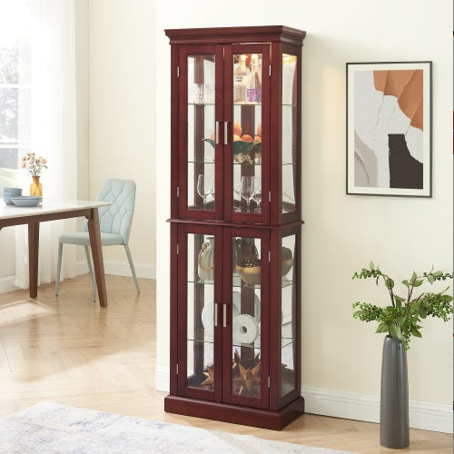 US Local Curio Cabinet Lighted Curio Diapaly Cabinet With Adjustable Shelves And Mirrored Back Panel, Tempered Glass Doors