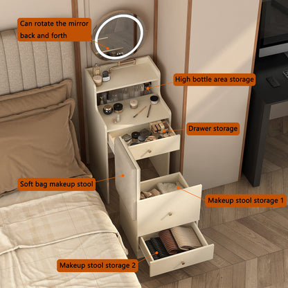 US Local 3 In 1 Vanity Desk With Mirror And Light ,Small Makeup Vanity Set With Charging Station, With 2 Drawers And Open Storage Space, With Upholstered Stool, Compact Dressing Table Writing Desk For Small Sp