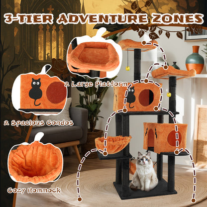 US Local Halloween Cat Tree, Large Cat Tower With 2 Spacious Cat Condos, 2 Padded Perches, 2 Hammocks, Scratching Posts, Hanging Toy, Multi-Level Cat Activities Furniture For Large Cats, Orange & Black