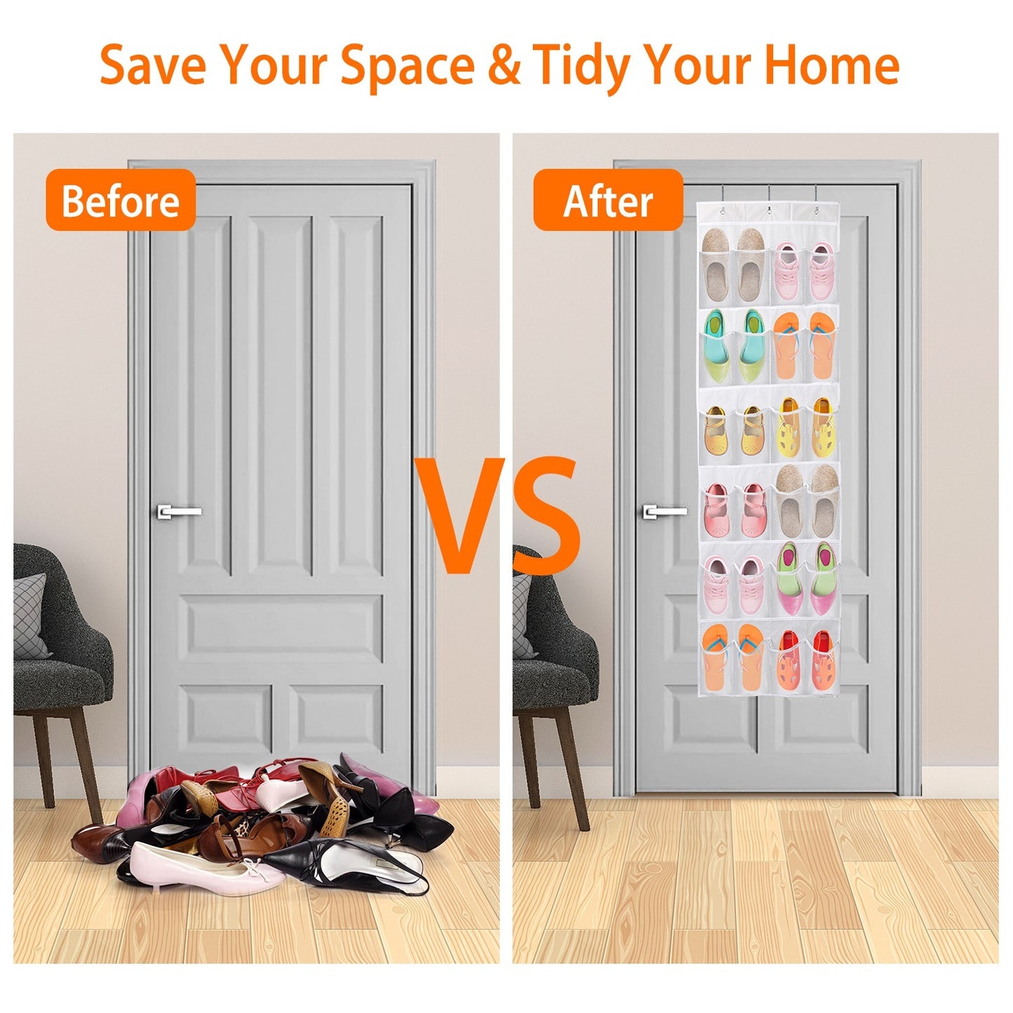 US Local Over The Door Shoes Rack 24-Pocket Crystal Clear Organizer 6-Layer Hanging Storage Shelf For Shoes Slippers Small Toys Closet Cabinet