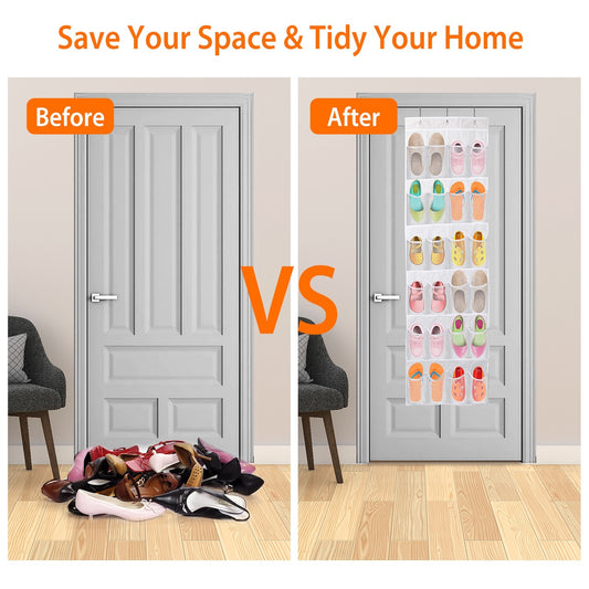 US Local Over The Door Shoes Rack 24-Pocket Crystal Clear Organizer 6-Layer Hanging Storage Shelf For Shoes Slippers Small Toys Closet Cabinet
