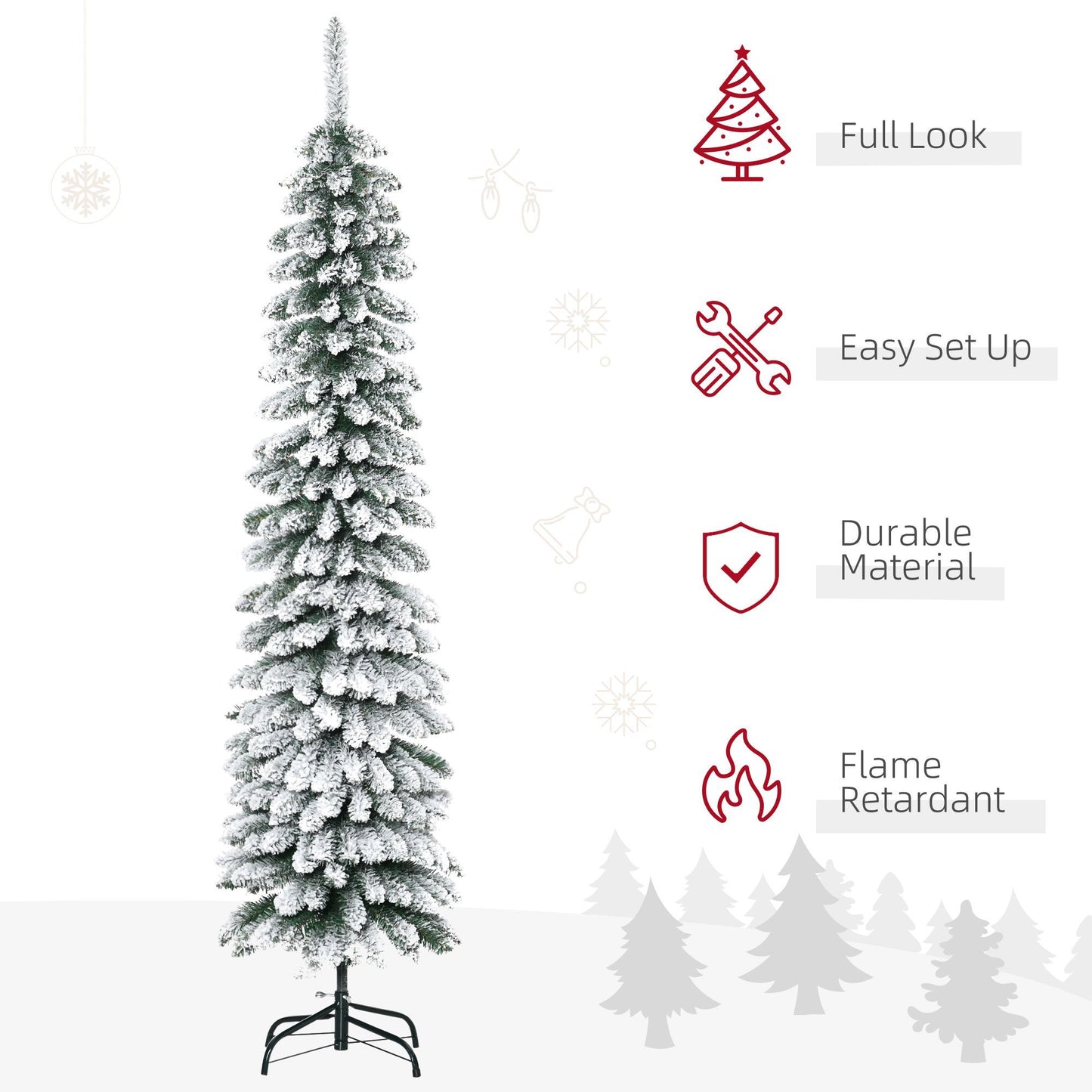 CA Local 6 Ft Snow-Flocked Artificial Christmas Tree, Slim Pencil Xmas Tree With Realistic Branches, Metal Base, Green