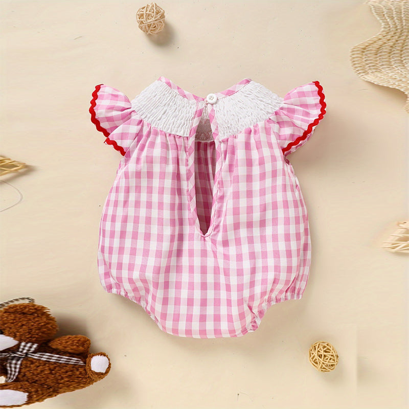 US Local Baby Girl's Short Sleeve Checkered Romper Heart Embroidery & Ruffle Detail With Back Cut-Out And Snap Closure