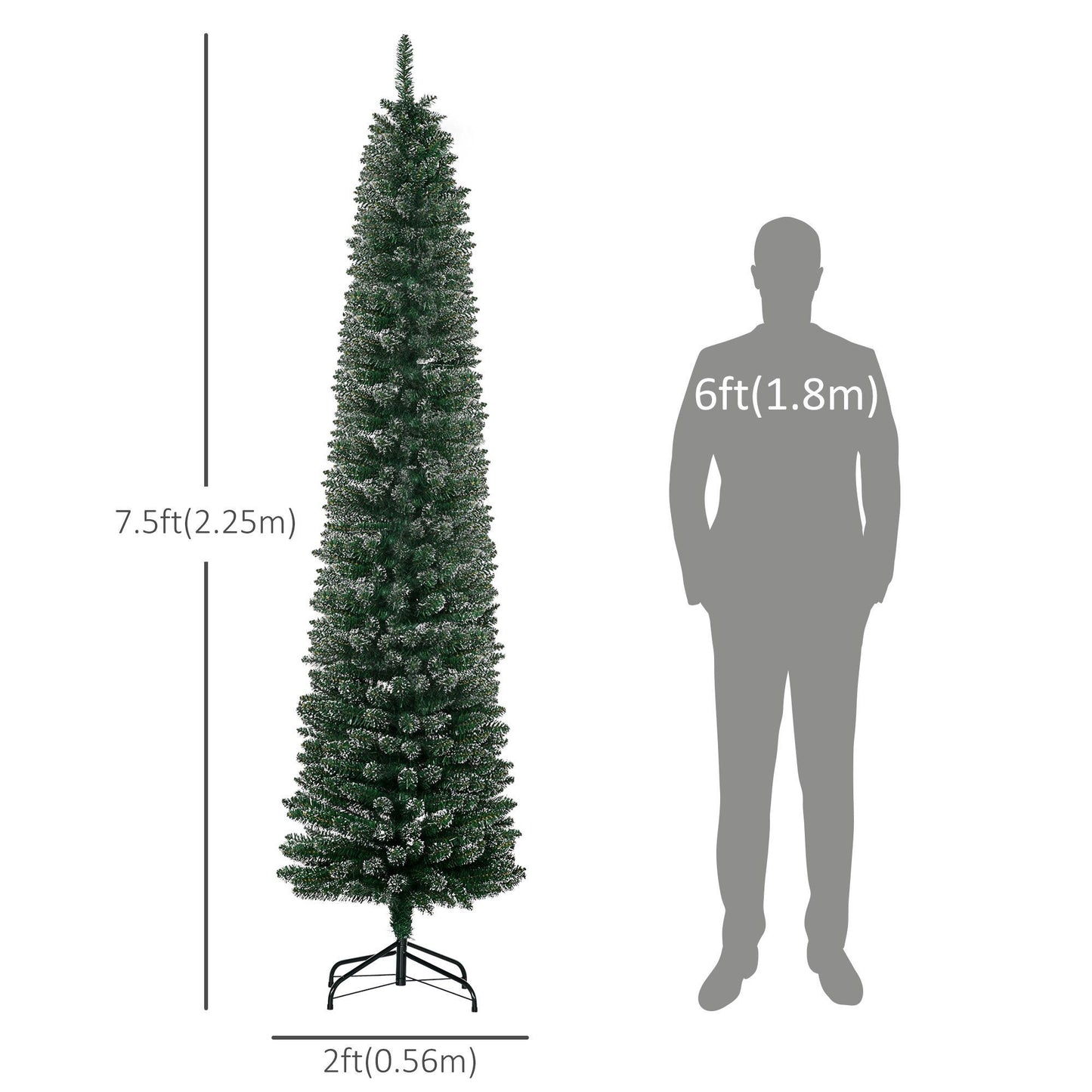 CA Local 7.5 ft Artificial Snow Dipped Christmas Tree Xmas Pencil Tree Holiday Home Indoor Decoration With Foldable Black Stand, Green