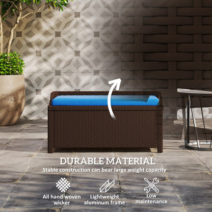 US Local Outdoor Wicker Storage Bench With Storage & Cushion, Blue