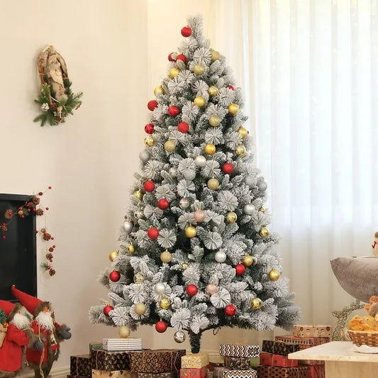 US Local HOMCOM 6.5 Ft Pre-Lit Artificial Christmas Tree With 350 Clear Lights And 1107 Tips, Snow Flocked Christmas Tree With Metal Stand, Hinged Xmas Tree For Home Office Holiday, Green