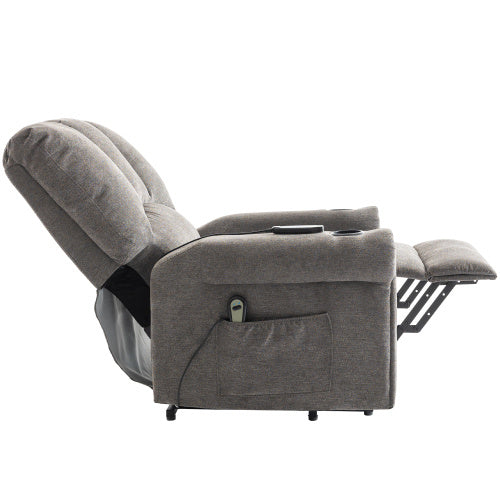 UK Local Electric Lift Grey Senior Chair - Single Motor, Heated Massage, Stand Assist, Storage Pockets, Cup Holders