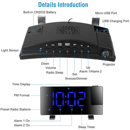 US Local 1 Pc Projection Alarm Clock With Radio Function Curved Screen LED Digital Alarm Clock With Dual Alarms 4 Dimmer 12-24 Hour USB Charging Port 180Degree Rotatable Projection