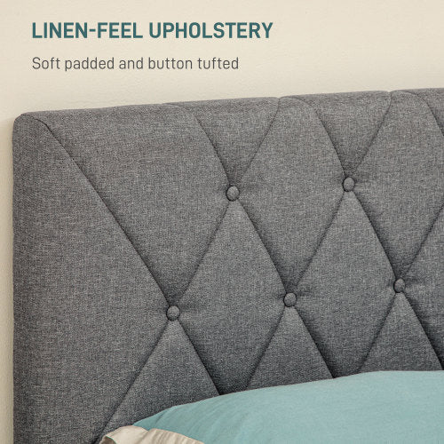 UK Local HOMCOM Double Bed Frame With 5-Level Adjustable Linen Upholstered Headboard, Wooden Slats Mattress Foundation, No Box Spring Needed, Grey