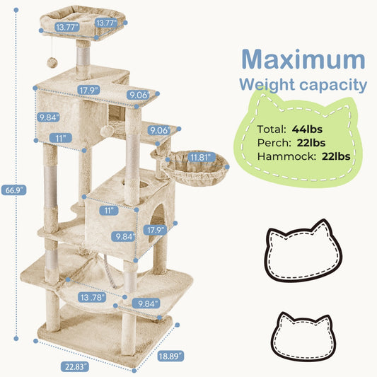US Local 66 Inch Cat Tree Tower, Large Multi-Cat Climbing Extended Platform, Hammock, Pet House For Indoor Cats And Kittens Play