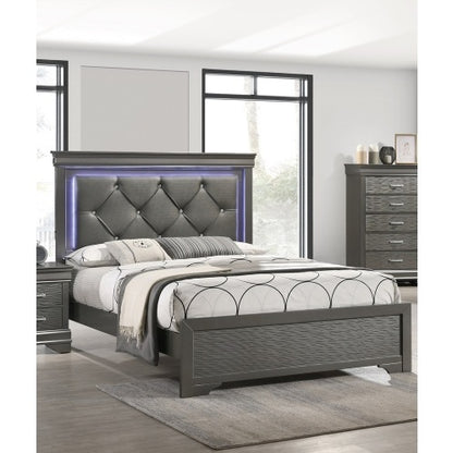 US Local Dark Gray Faux Leather Tufted Headboard 1pc Queen Size Bed W LED Bedroom Furniture Gray Unique Texture FB Solid Wood