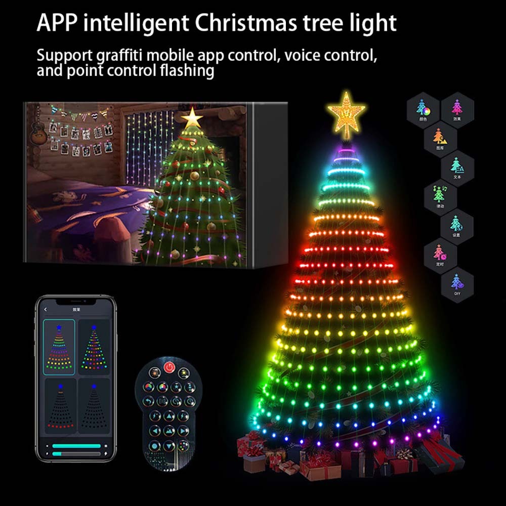 US Local 5-Foot Smart Christmas Tree With Lights - 400 LED Lights, Remote And App Control - Music Sync, 11 Modes - Green Wiring, Suitable For Artificial Trees - Multi-Color And Warm White, Indoor Outdoor Use