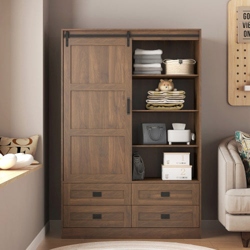 US Local Tall Bedroom Armoire Wardrobe Closet Clothing Storage Cabinet With Hanging Rod Barn Door Drawers Open Shelves