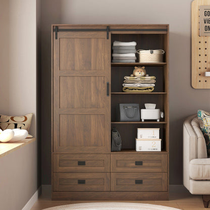 US Local Tall Bedroom Armoire Wardrobe Closet Clothing Storage Cabinet With Hanging Rod Barn Door Drawers Open Shelves