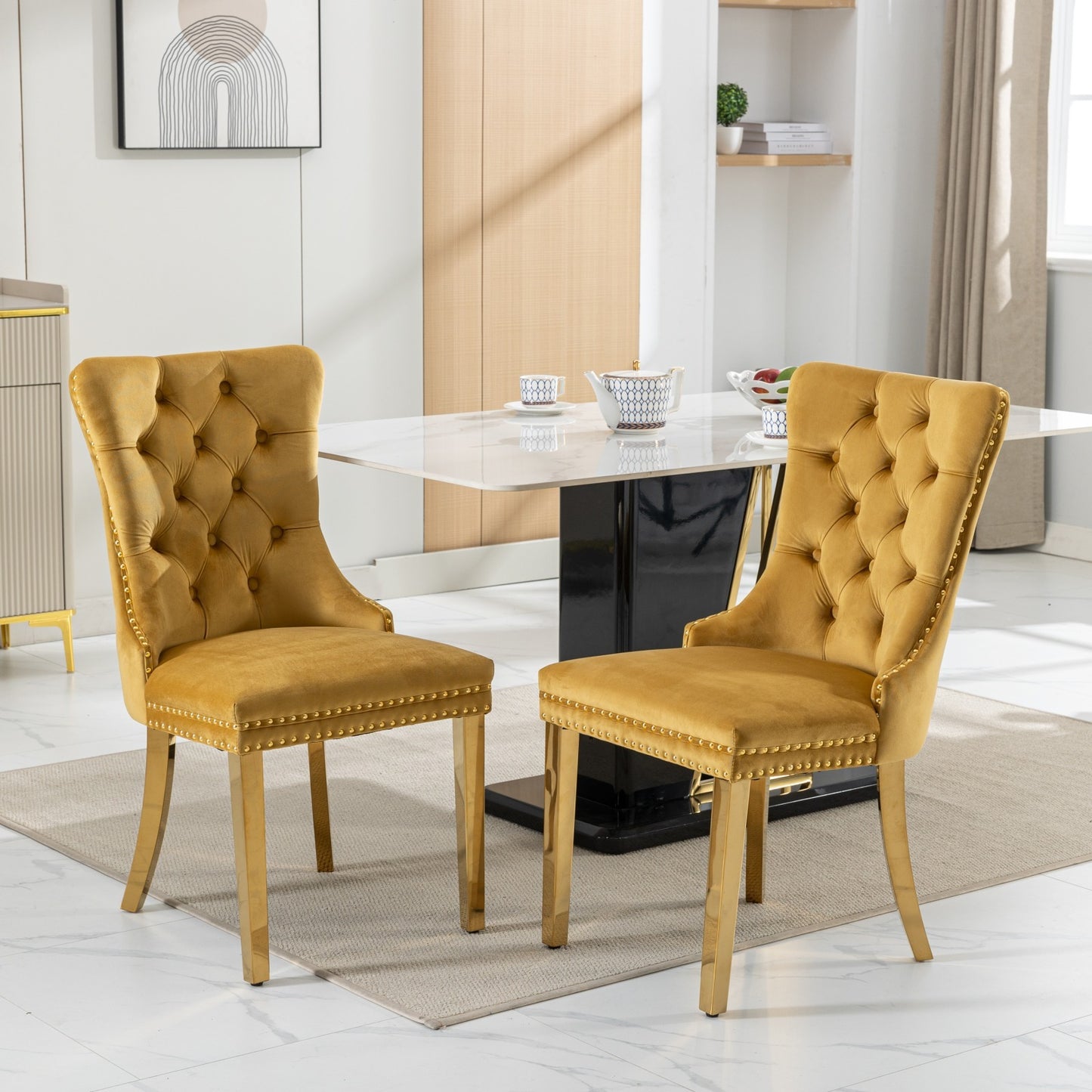 US Local A&A Furniture,Nikki Modern, High-end Tufted Solid Wood Contemporary Velvet Upholstered Dining Chair With Golden Stainless Steel Plating Legs,Nailhead Trim,Set Of 2,Gold, SW1601GL