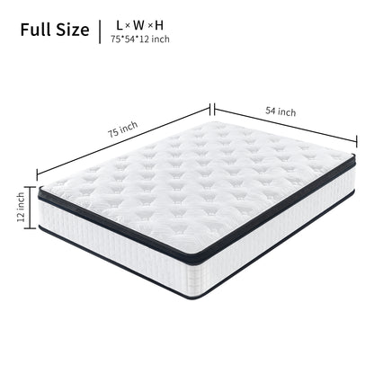 US Local 12 Inch Hybrid Mattress Individual Pocket Spring Memory Foam Knitted Cover CertiPUR-US White