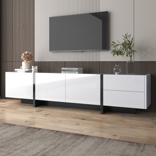 UK Local TV Cabinet, Low Panel With Colorblocked Legs In High-gloss White And Black, With Doors And Drawers, Doors With Shelves. Simple Line Design.