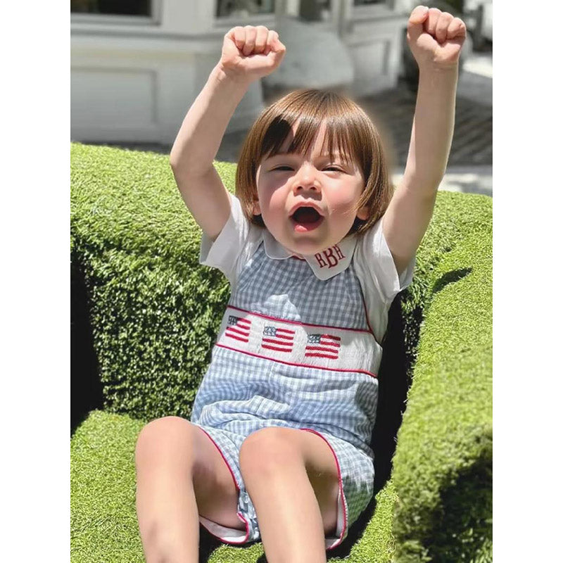 US Local Infant Baby Boy 4th Of July American Flag Smocked Romper Summer Sleeveless Jumpsuit For Independence Day & Memorial Day Celebrations