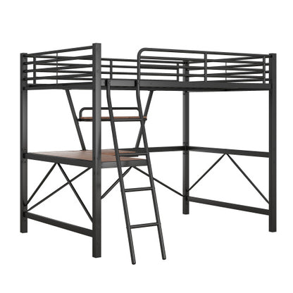 US Local Full Size Loft Metal&MDF Bed With Desk And Shelf, Black