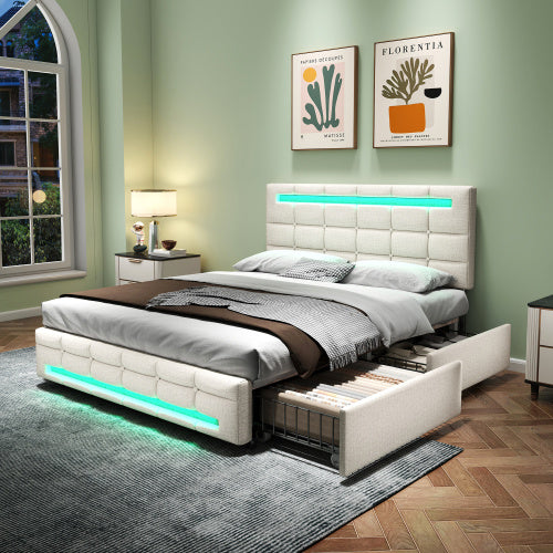UK Local 4ft6 Double Upholstered Bed With LED Lighting And Storage Drawers, Linen Fabric Storage Bed Frame With Adjustable Button Tufted Headboard, No Box Spring Needed, Easy Assembly, Beige