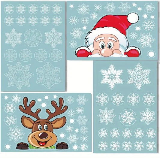 US Local 4 Sheets Christmas Window Clings Snowflake Snowman Moose Elk Pattern Window Decals Reusable Static Stickers For Christmas Holiday Birthday Home Decoration