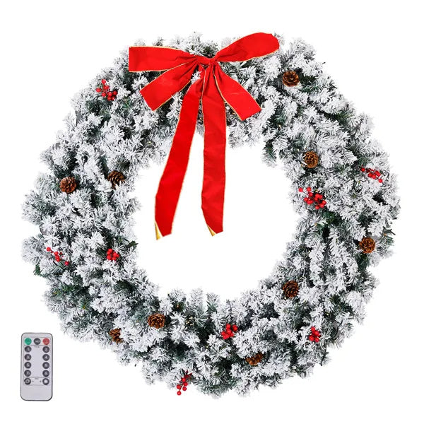 US Local 48in Pre-lit Snow Flocked Christmas Wreath, Lighted Artificial Xmas Wreath With 150 Warm White Lights And 450 PVC Tips And DIY Ornaments, For Front Door Gate Wall Xmas Party Decorations, Snowy Green