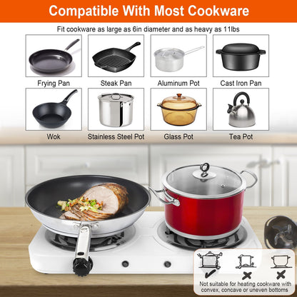 US Local 2 Color Options -- 1Pc 2000W Electric Double Burner Portable Coil Heating Hot Plate Stove Countertop RV Hotplate With Non Slip Rubber Feet 5 Temperature Adjustments