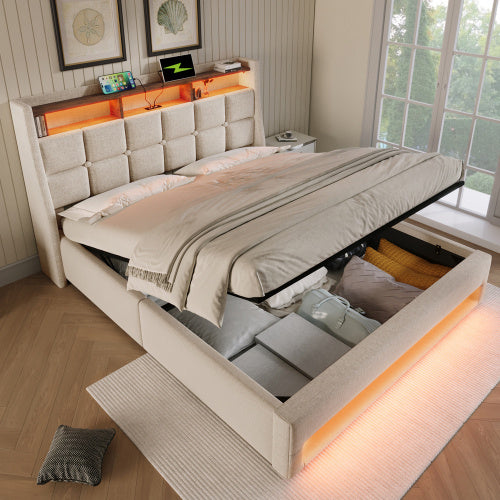 UK Local Upholstered Double Bed 150 X 200 Cm With LED Lighting, USB Type-C Charging Function, Storage Headboard, 5FT King Size Storage Bed Frame With Metal Slatted Frame, Linen, Beige No Mattress