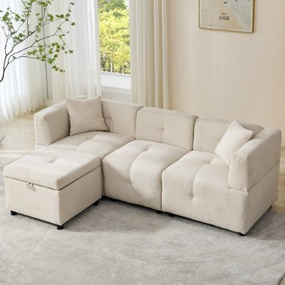 UK Local 80 Sectional Sofa Couch With Removable Storage Ottoman, Fabric Sofa For Living Room Apartment, L-Shaped Sofa With 2 Pillows For Home Apartment Office Living Room, Beige