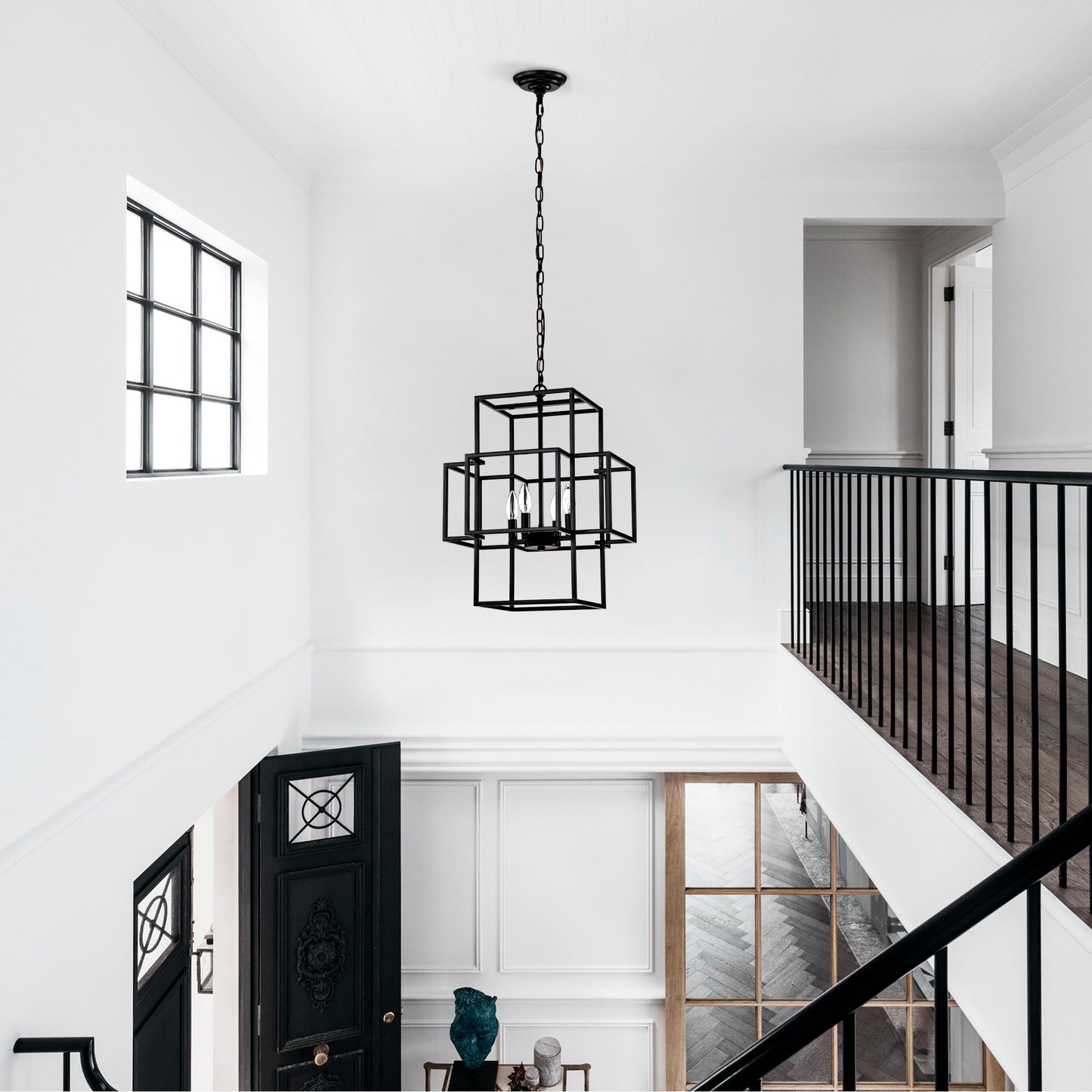 US Local 4-Light Metal Lantern Tiered Pendant Hanging Light Fixtures, Industrial Farmhouse Adjustable Height Chandeliers For Dining Room Hallway Foyer Entryway--Matte Black