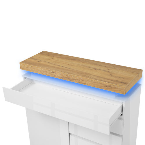 UK Local Chest Of Drawers,High-gloss Sideboard Cabinet With 2 Doors And 3 Drawers,Storage With RGB LED App-controlled,Multi-purpose Cabinet For Living Room And Bedroom, 115 X 110 X 39 Cm, White