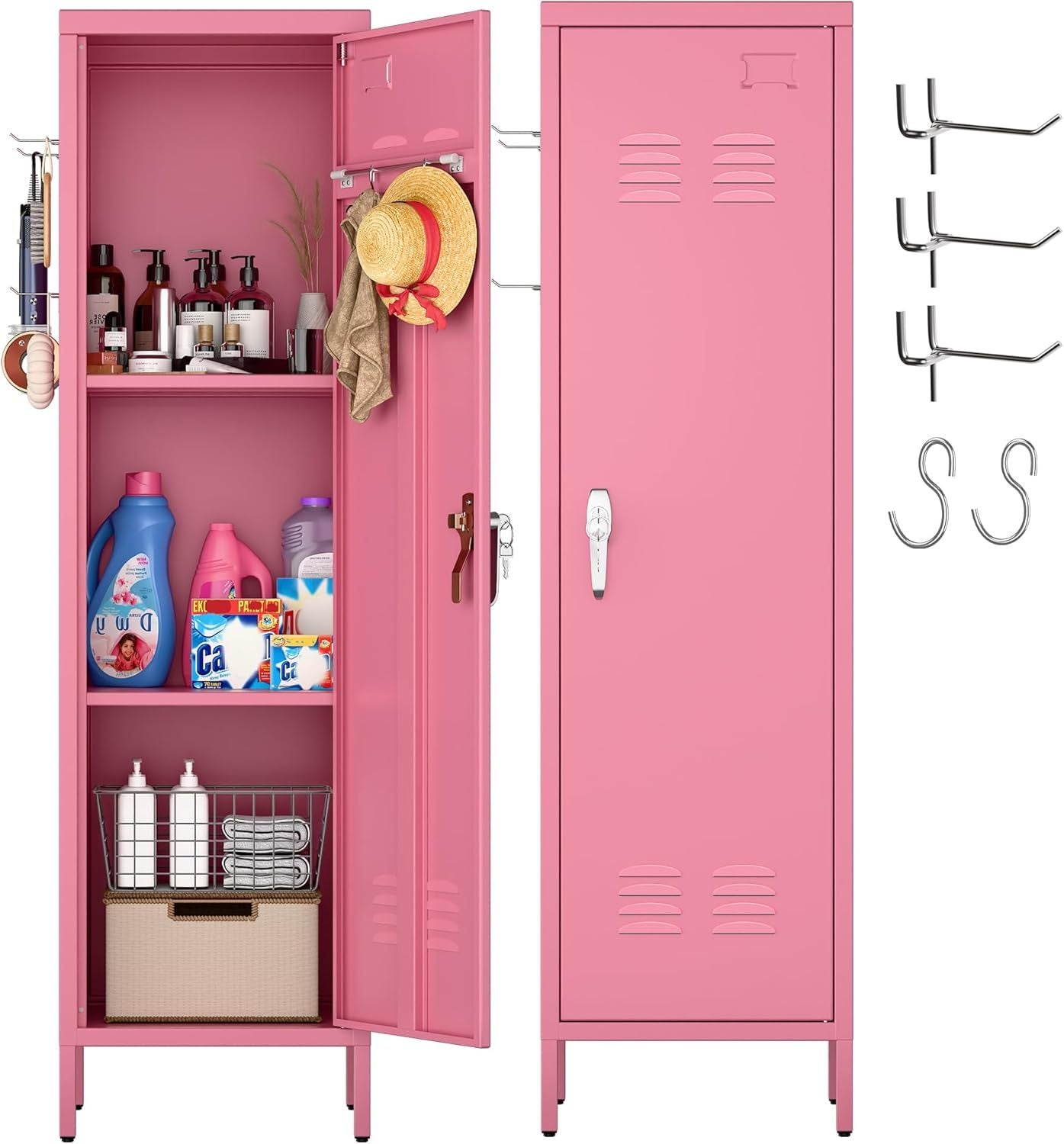 US Local Aobabo Metal Metal Storage Locker For Employees, Lockable 1 Door With Towel Rack And 2 Side Pegboards With Hooks For School Office Gym Home, Assembly Required Pink