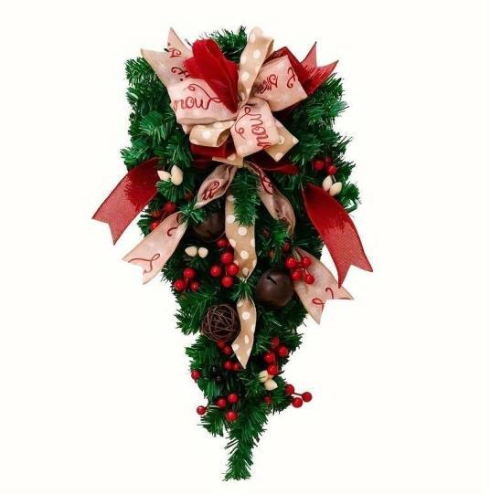 US Local Christmas Candy Cane Wreath Xmas Teardrop Wreath Green Leaves Wreath Wall Hanging Door Garland Front Door Holiday Decoration