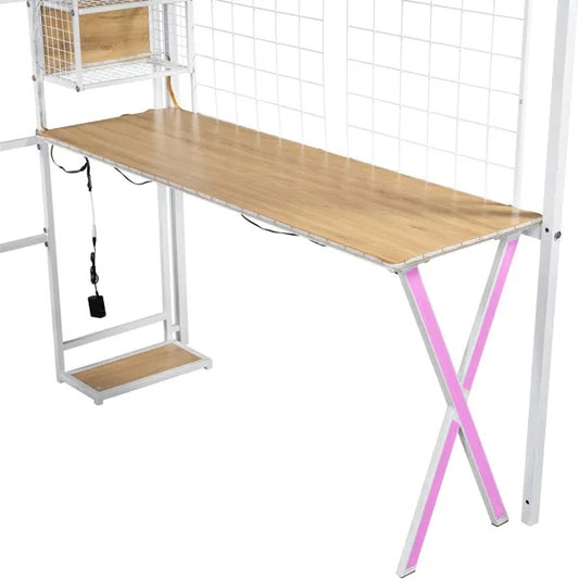 US Local Full Size Metal Loft Bed With Built-in Work Station, Wardrobe, Storage Staircase And LED, White