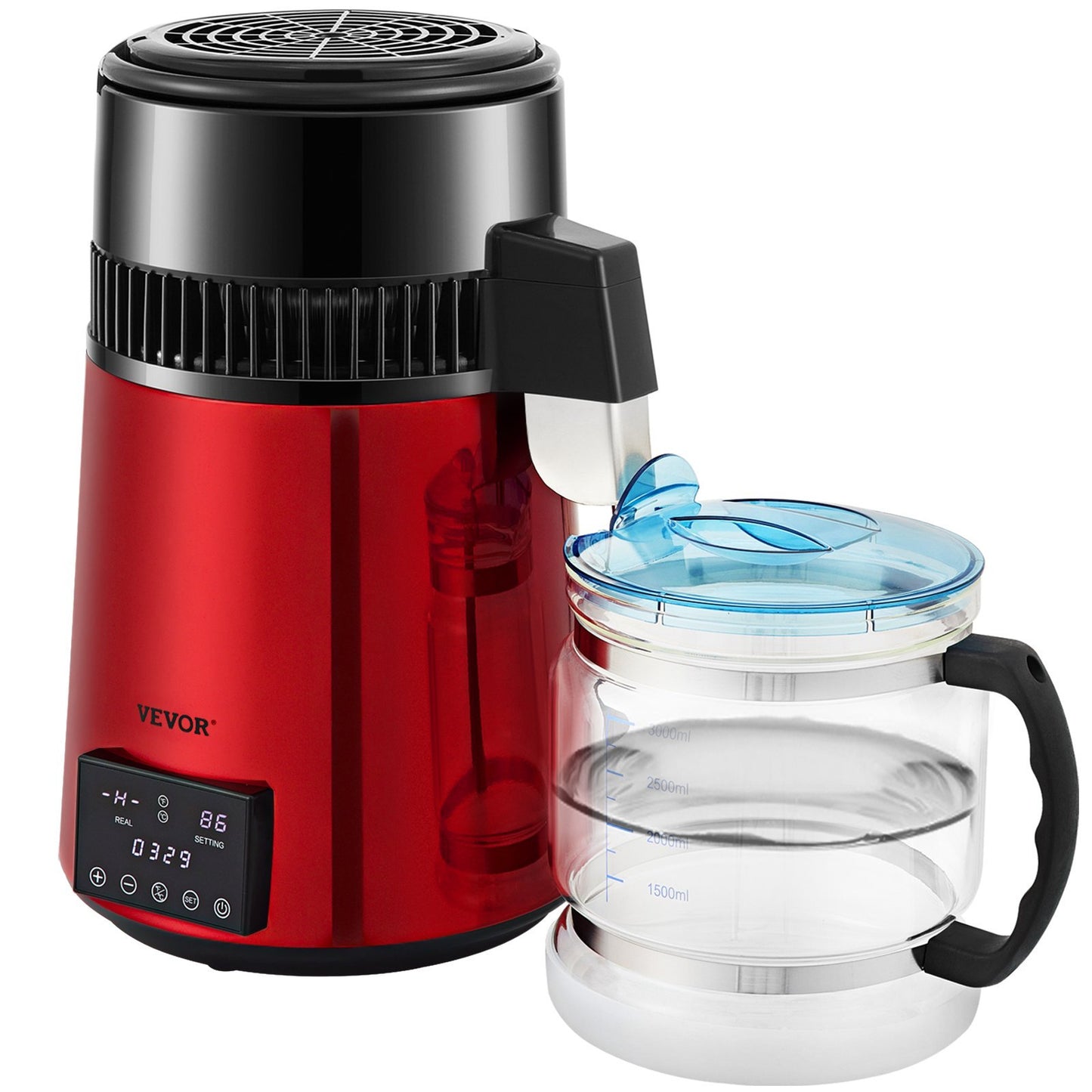 US Local 1.1Gal Water Distiller, 750W Distilled Water Maker Machine 0-99H Timing Dual Temp Display, 304 Stainless Steel Countertop Distiller Glass Carafe Cleaning Powder 3 Carbon Packs, Red