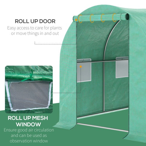 US Local Outsunny 15x 7x 6.5 Walk-in Tunnel Hoop Greenhouse, Green House With Polyethylene PE Cover, Steel Frame, Roll-Up Zipper Door & Windows For Flowers, Vegetables, Tropical Plants, Green