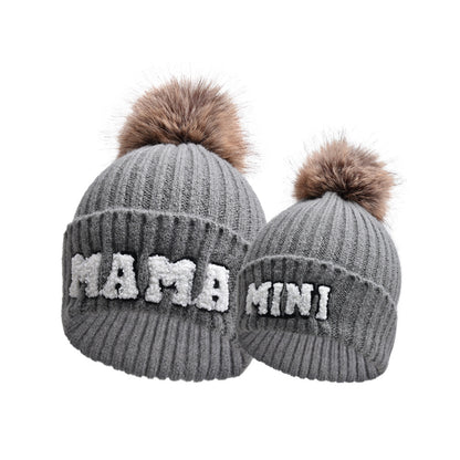 Letter MAMA Woolen Cap Outdoor Fur Ball Warm Hat