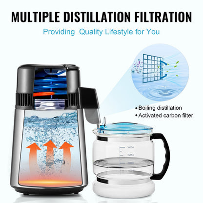 US Local Water Distiller, 4L 1.05 Gallon Pure Water Purifier Filter For Home Countertop, 750W Distilled Water Maker, Stainless Steel Interior Distiller Water Making Machine To Make Clean Water, Silvery