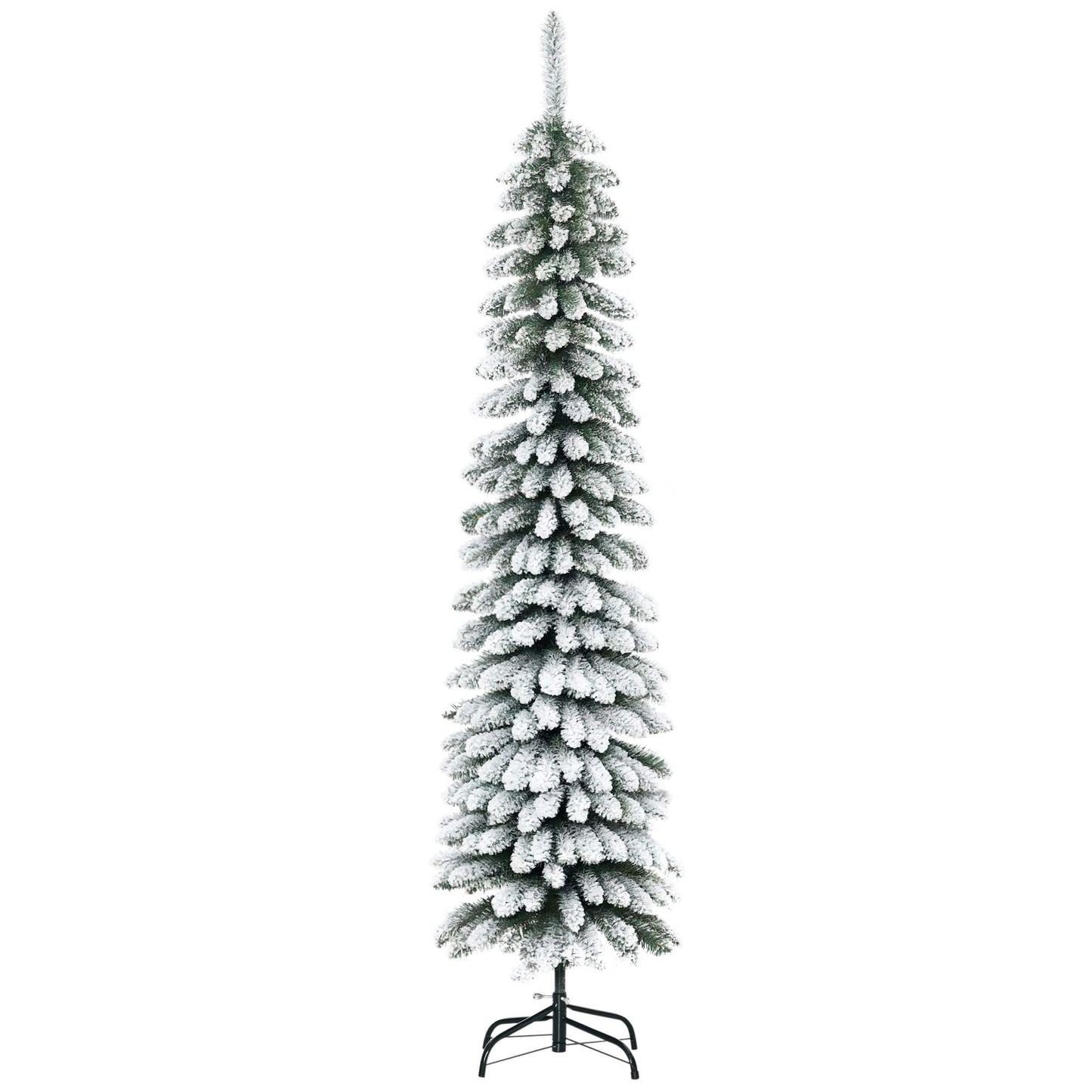 CA Local 6 Ft Snow-Flocked Artificial Christmas Tree, Slim Pencil Xmas Tree With Realistic Branches, Metal Base, Green