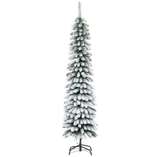 CA Local 6 Ft Snow-Flocked Artificial Christmas Tree, Slim Pencil Xmas Tree With Realistic Branches, Metal Base, Green