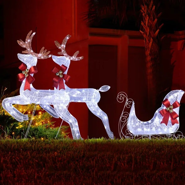 US Local 3-Piece Lighted Set Of 2 Reindeer & Sleigh, Weather Proof Christmas Outdoor Decorations With Pre-lit 270 LED White Lights And Stakes For Xmas Outdoor Holiday Indoor Decor Lighted Holiday Displays, Whi