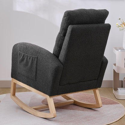 US Local Modern Accent Rocking Chair Rocking Chair With Solid Wood Legs, Upholstered Nursery Glider Rocker, Comfy Armchair With Side Pocket, Living Room Lounge Arm Chair With High Backrest